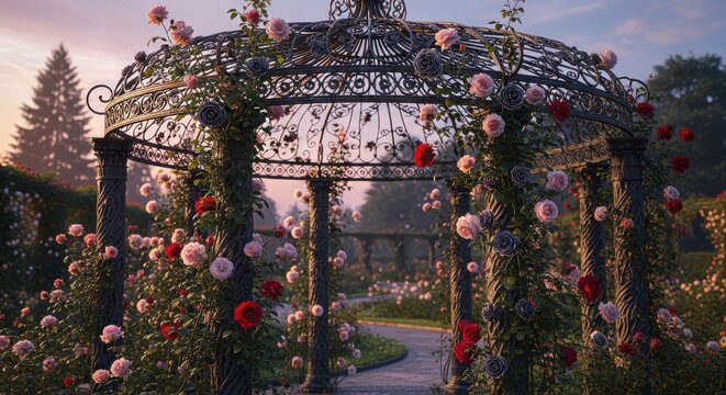 Ornate wrought iron garden gazebo adorned with vibrant roses and climbing vines creates a romantic outdoor sanctuary.