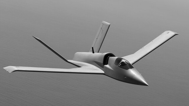 Close view of a military jet  over the Pacific ocean, in beautiful light