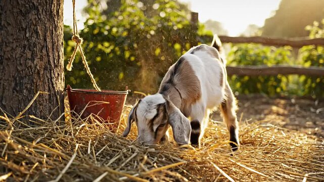 Domestic goat kid foraging for hay on a sunny farm, representing the upcoming bakrid festival in rural india.
