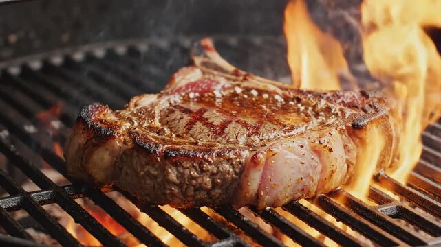 Macro view of a juicy thick ribeye beef steak searing on a professional outdoor charcoal barbecue grill with glowing ember and vibrant orange fire flame flickering in backyard setting.