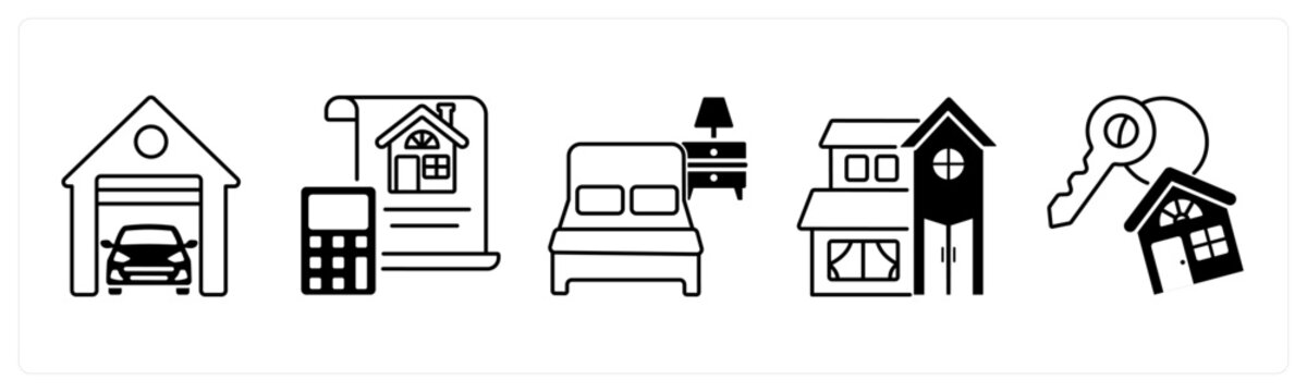 A set of 5 mix icons as garage, property budget, bed