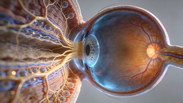 Detailed 3D Medical Illustration of Human Eye Anatomy Optic Nerve and Retinal Function