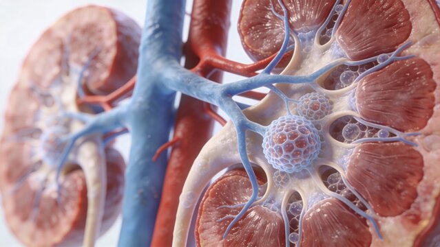 Advanced 3D Medical Illustration of Human Kidney Anatomy with Nephron and Glomerulus Detail