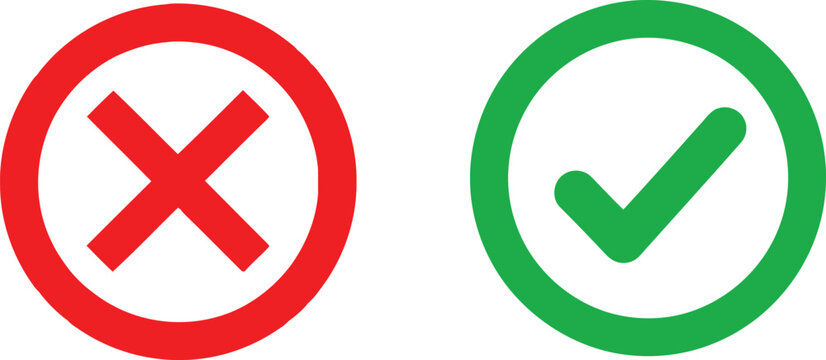A pair of red cross mark and green check mark symbols isolated on a plain white background surface Vector