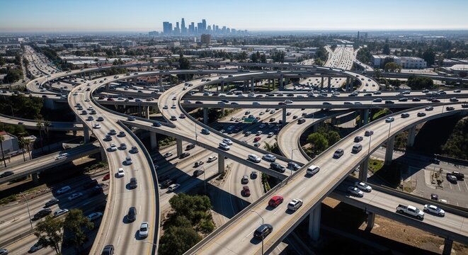 Urban Freeway Interchange Aerial View With Downtown Skyline In Background