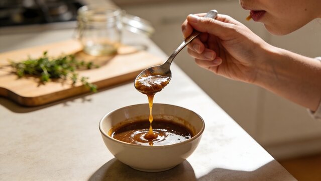 A person's hand holds a spoon, tasting a delicious, rich, dark sauce from a ceramic bowl, with a flavorful drip returning to the liquid, highlighting a culinary moment.