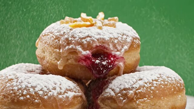 Detailed Cinematic Food Commercial Video of Polish Paczki Doughnuts With Powdered Sugar and Jam Filling on a Green Background
