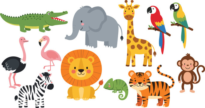 Cute Safari Jungle Animals Cartoon Illustration Set for Kids