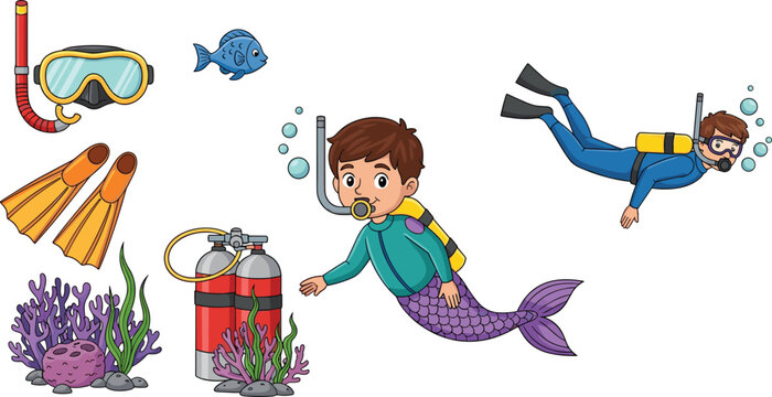 Scuba diving equipment set with cartoon merman diver, oxygen tanks, snorkel mask, flippers, coral reef, and tropical fish vector illustration on white background.