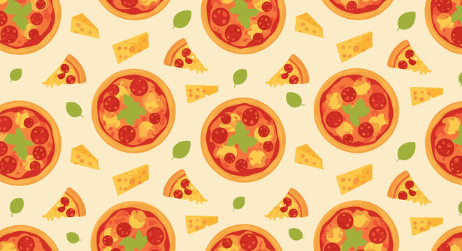 Seamless pattern with pizza slices, whole pizzas, melting cheese, and basil leaves, concept of delicious Italian cuisine  