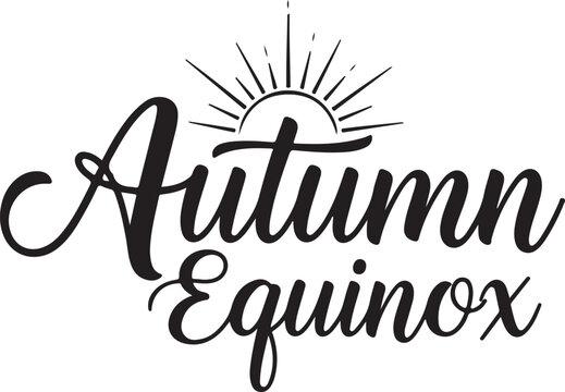 Black and white typography design featuring the words autumn equinox with a stylized sun graphic