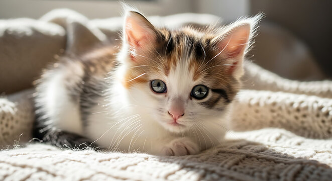 Adorable little calico kitten on blanket.