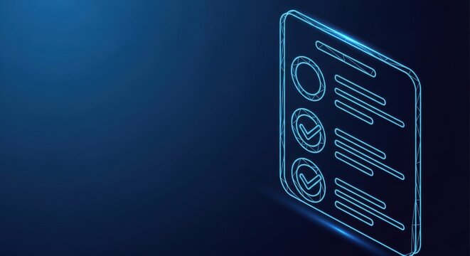 Digital checklist with completed tasks and checkmarks, glowing neon lines on dark blue background