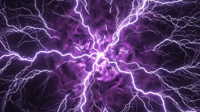 Abstract vibrant purple energy burst featuring intricate lightning pattern and glowing electric discharge within a dark cosmic void creating a dynamic digital artistic motion graphic background.