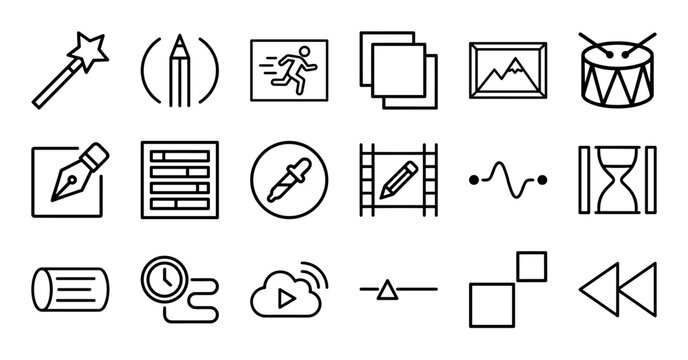 Digital Media Production and Video Editing Interface Symbols Featuring Minimalist Geometric Monoline Outlines for Professional Creative Software.