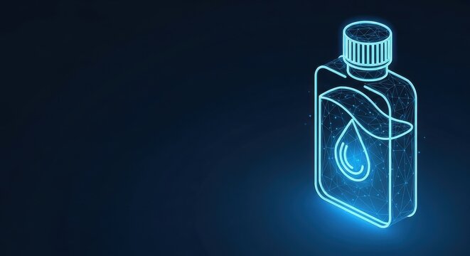 Neon outline of an oil bottle with a drop inside, representing automotive fluid and engine protection