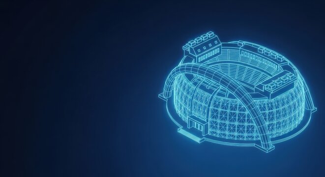 Futuristic Neon Wireframe Stadium Blueprint Design Rendered in Blue Light