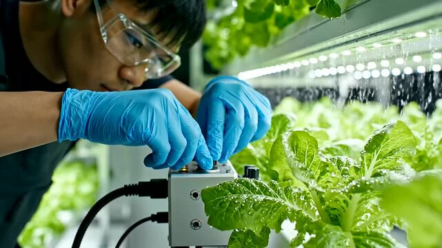A dedicated young scientist meticulously manages advanced hydroponic systems in a vertical farm, symbolizing the global youth future's commitment to sustainable agriculture and innovation.
