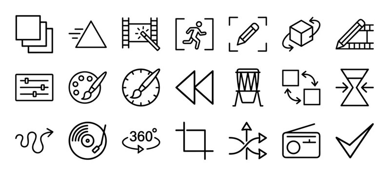 Digital Multimedia Production and Video Editing Minimalist Monoline Outline Icon Set Featuring Professional Post-Production Geometry