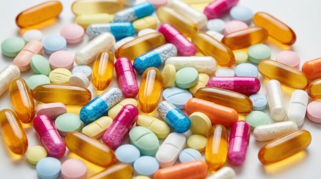 Assorted medical pills capsules and tablets scattered on white background for healthcare