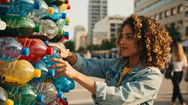 A young woman builds a vibrant wall of recycled plastic bottles, symbolizing a sustainable Global Youth Future and eco-conscious action for International Youth Day.