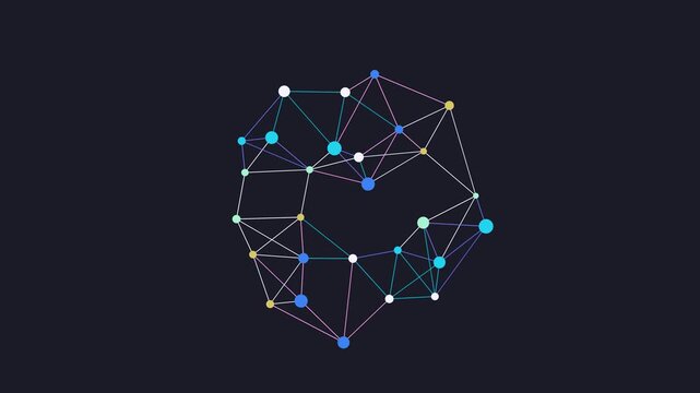 Isolated network of multicolored dots forming a centralized ring pattern on a dark background, illustrating connections.