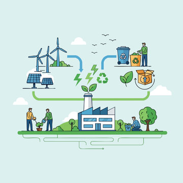 Illustration of sustainable practices with renewable energy, recycling, and planting