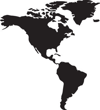A minimalist black silhouette illustration of the north and south american continents on white