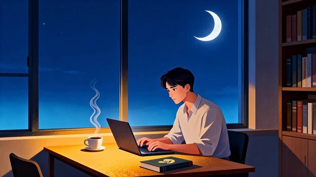 Man working on laptop by moonlight