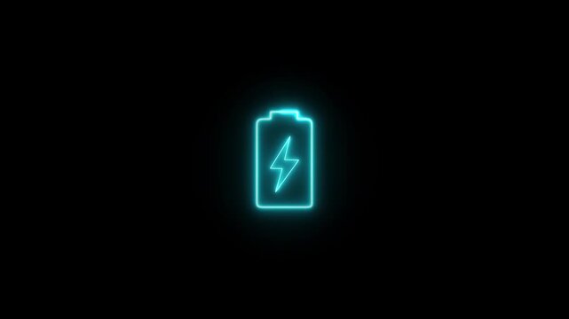 Glowing cyan color neon line Battery icon. Lightning blinking bolt symbol animation.