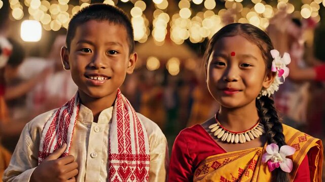 Two joyful assamese children in traditional attire smile brightly, celebrating rongali bihu with festive lights.