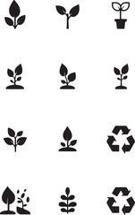 Obraz premium A collection of black silhouette icons depicting various small plants and recycling symbols set