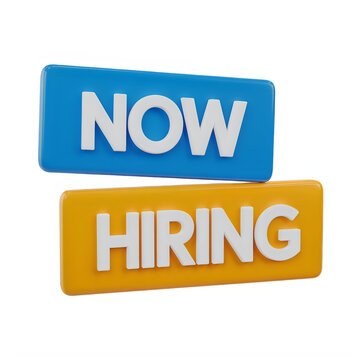 3 d now hiring signs isolated on a transparent background blue yellow