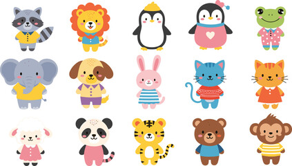 Obraz premium Cute Cartoon Animal Characters Collection with Lion, Penguin, Elephant, Cat, Dog, and More, Kids Friendly Illustration Set