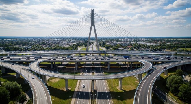 Urban Spaghetti Junction With Cable-Stayed Bridge Panorama