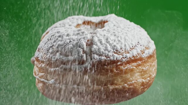 Golden brown beignet pastry dusted with fine white powdered sugar against a vibrant green background in a close up macro cinematic shot