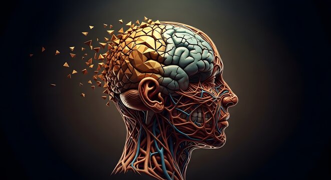 A 3d illustration of a human head with a brain and nerves exposed, with geometric shapes flying out of the brain, representing creativity and innovation