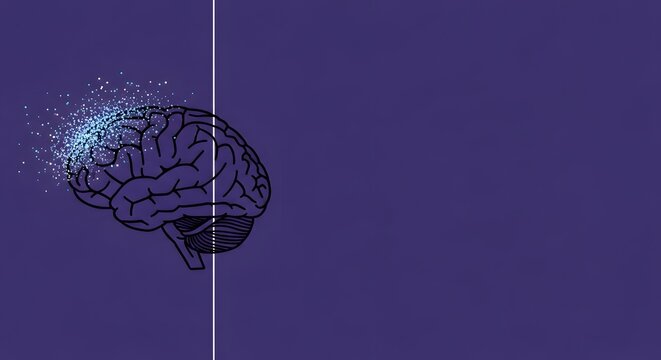Brain with particles exploding from one side on purple background