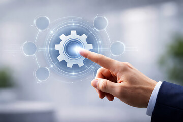Fototapeta premium Businessman finger touching glowing gear interface with connected circles