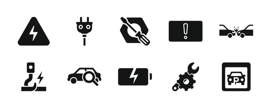 Electric car icons: charging, troubleshooting, accidents, maintenance, warnings