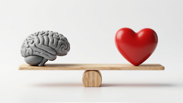 Grey Brain And Red Heart Balancing On Wooden Seesaw For Emotion And Logic Concept