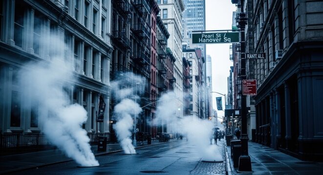 Urban Steam Plumes Rise From City Streets Creating Ethereal Atmosphere