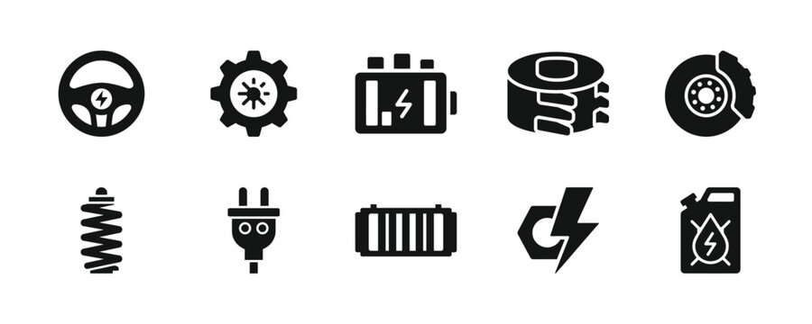 Automotive icons: steering wheel, battery, tools, car parts, electric charging