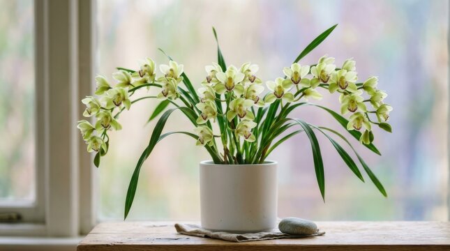 A cluster of delicate greenish-white Cymbidium orchids in a simple white pot on a wooden surface