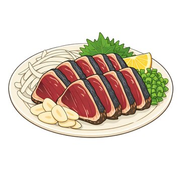 カツオのたたきの盛り付けと薬味の和食料理イラスト｜刺身と海鮮グルメ