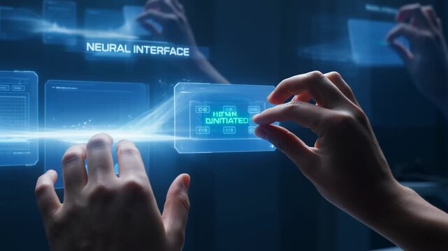 Futuristic interface virtual screen hand gesture hologram display data visualization biometric scan digital technology innovation sci fi blue light neural interface data technology virtual touch