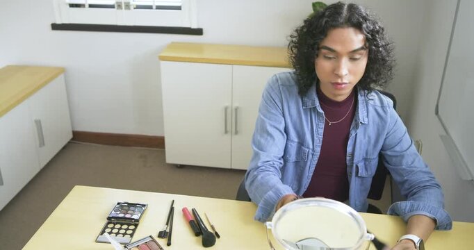 Non-binary person sitting at desk adjusting mirror sweeping powder refining brows, blending shadow