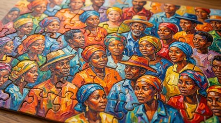 Obraz premium Puzzle of diverse people with vibrant colors close up view