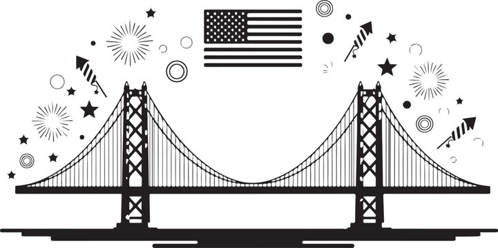 A black and white silhouette illustration of the ben franklin bridge with american flag elements