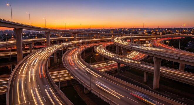 Urban Highway Network At Sunset With Streaks Of Light